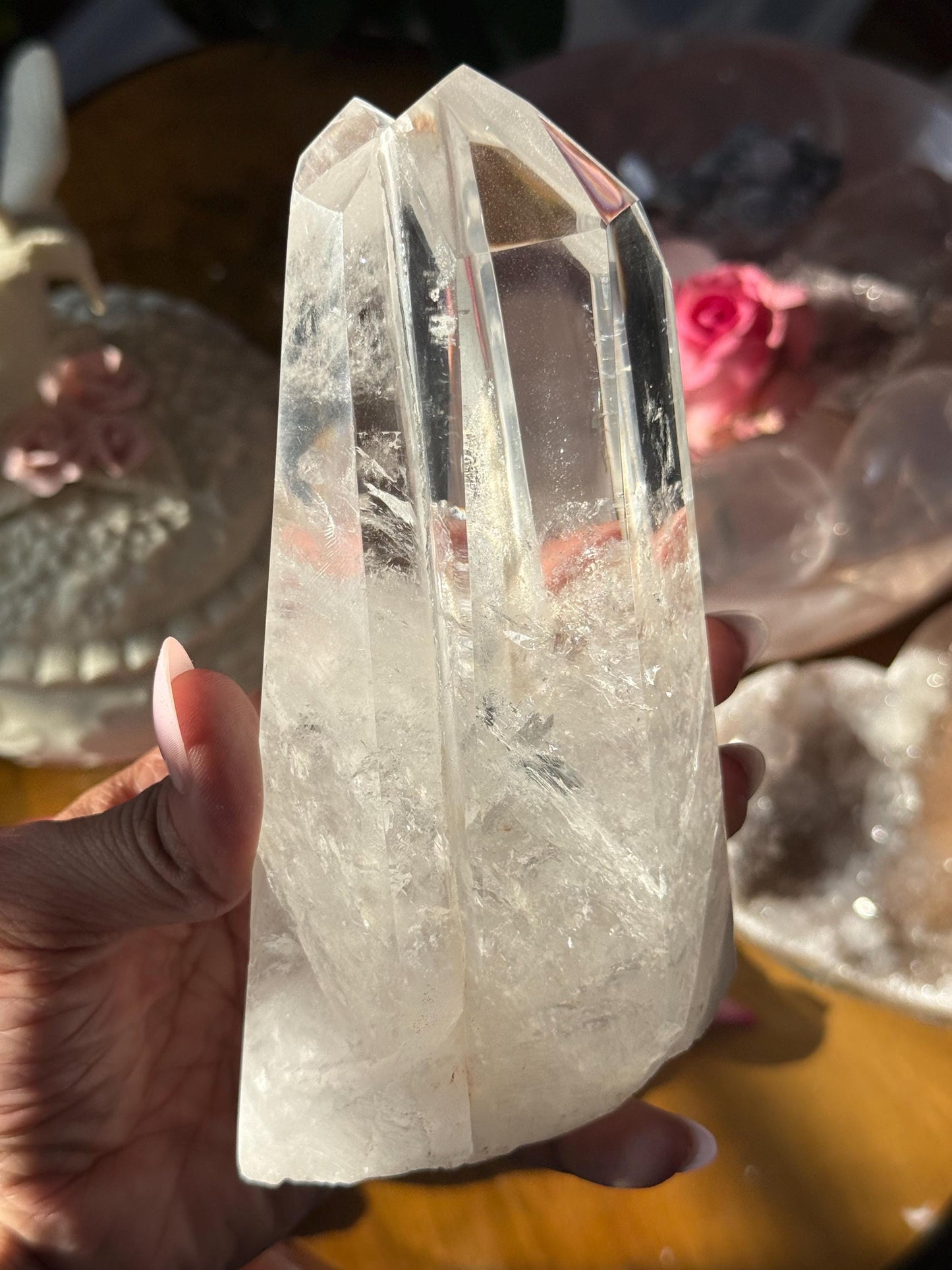 Twin Quartz Crystal on Wooden Stand, Natural Twin Quartz, Twin Flame Quartz, Home Decoration