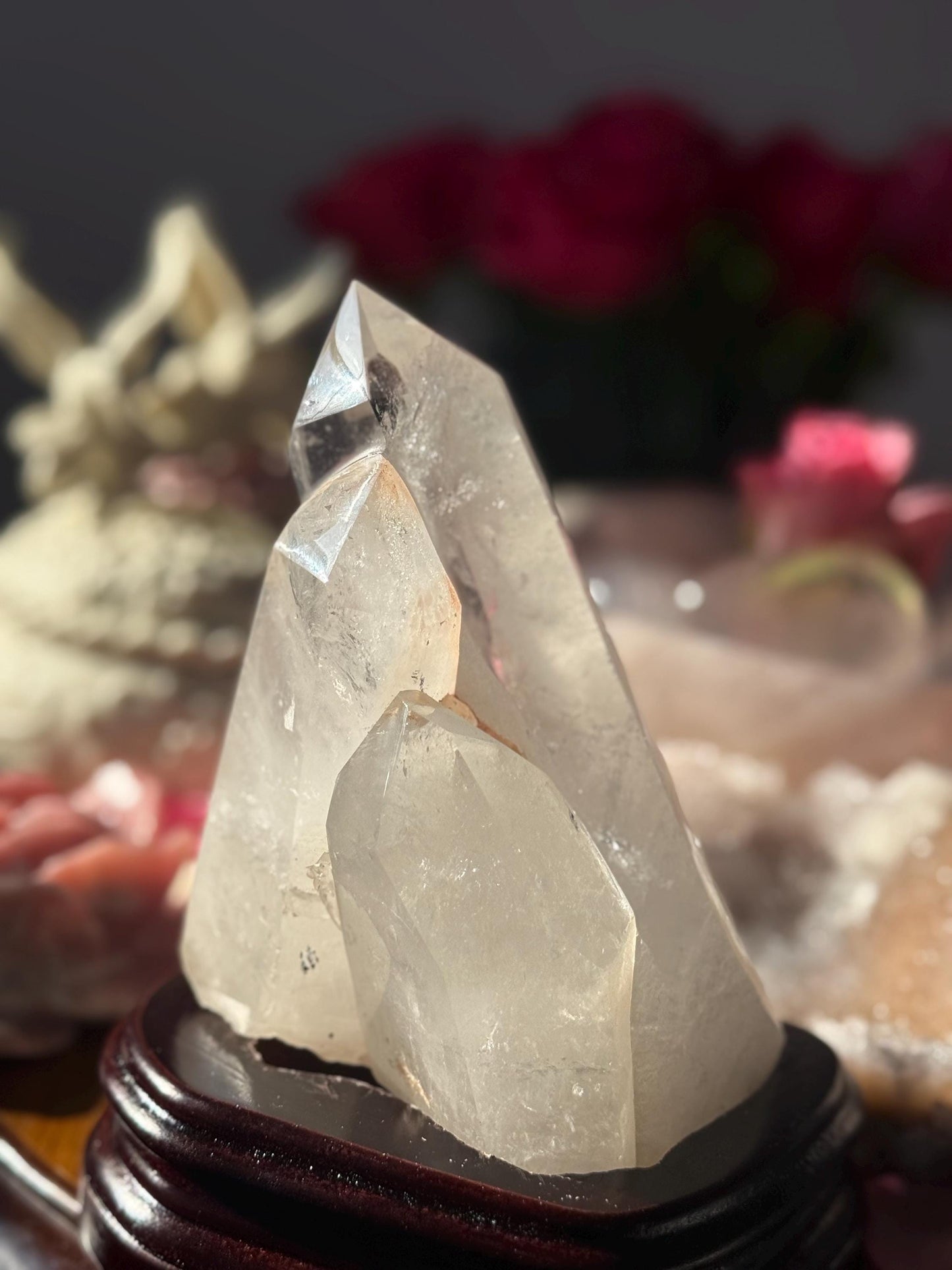 Three Point Quartz Crystal on Wooden Stand, Natural Twin Quartz, Home Decoration