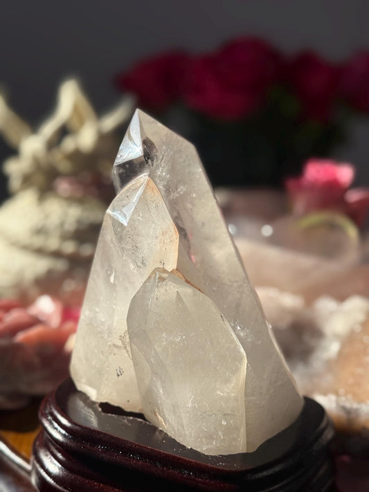 Three Point Quartz Crystal on Wooden Stand, Natural Twin Quartz, Home Decoration