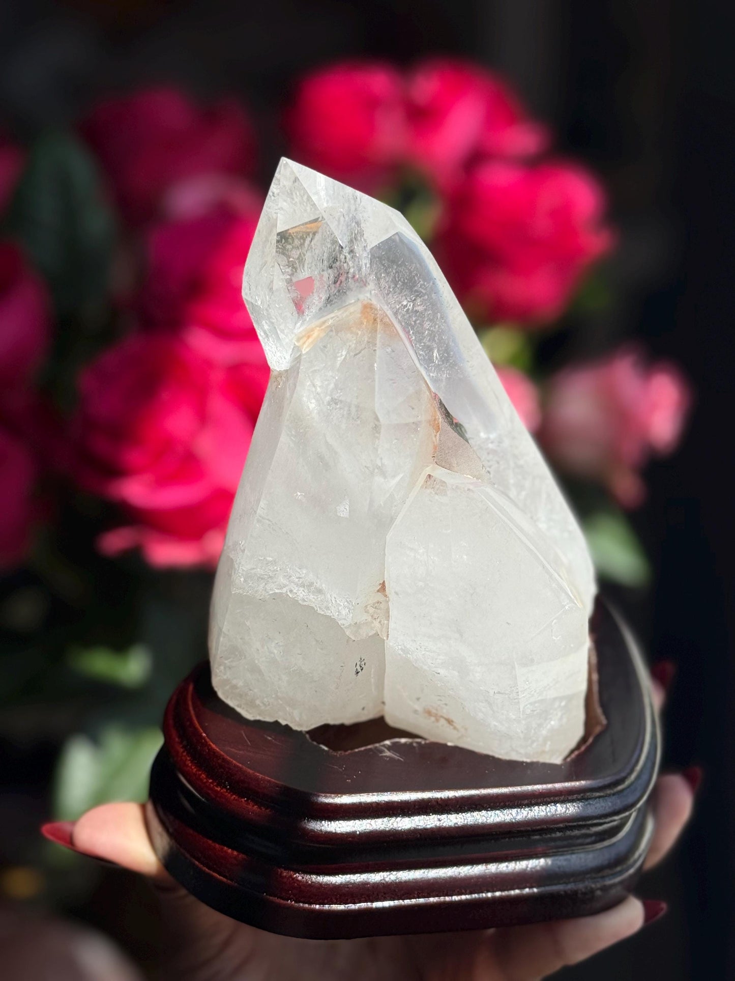 Three Point Quartz Crystal on Wooden Stand, Natural Twin Quartz, Home Decoration