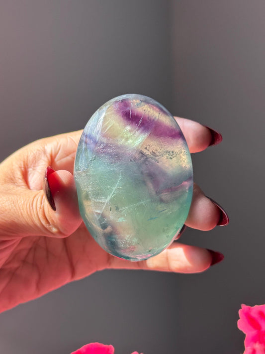 High Quality Fluorite Palm Stone – Hand Polished Green & Purple Fluroite, Collector’s Stone
