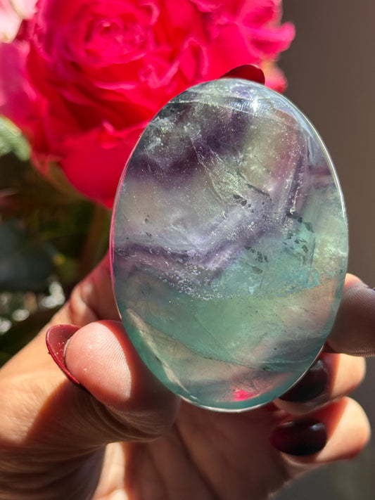 High Quality Fluorite Palm Stone – Hand Polished Green & Purple Fluroite,  Collector’s Stone