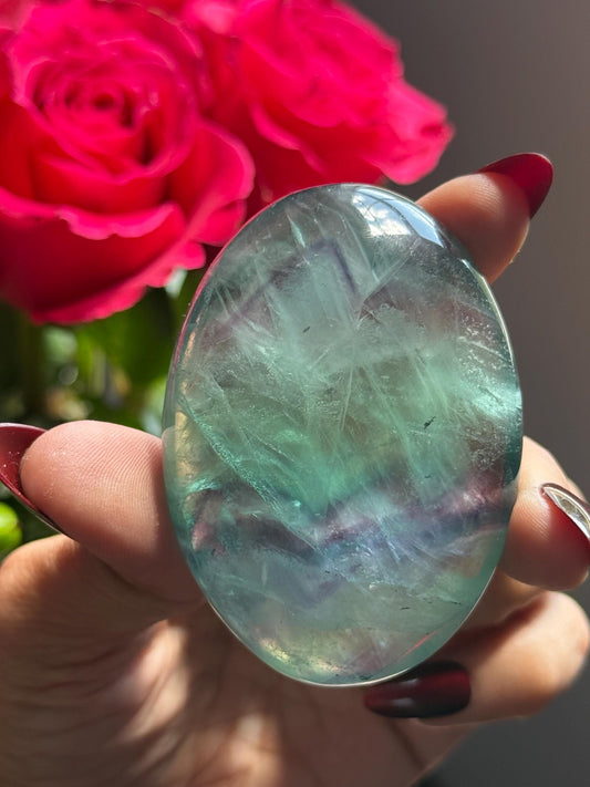 High Quality Fluorite Palm Stone – Hand Polished Green & Purple Fluroite, Collector’s Stone