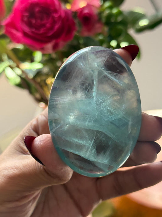 High Quality Fluorite Palm Stone – Hand Polished Green & Purple Fluroite, Collector’s Stone