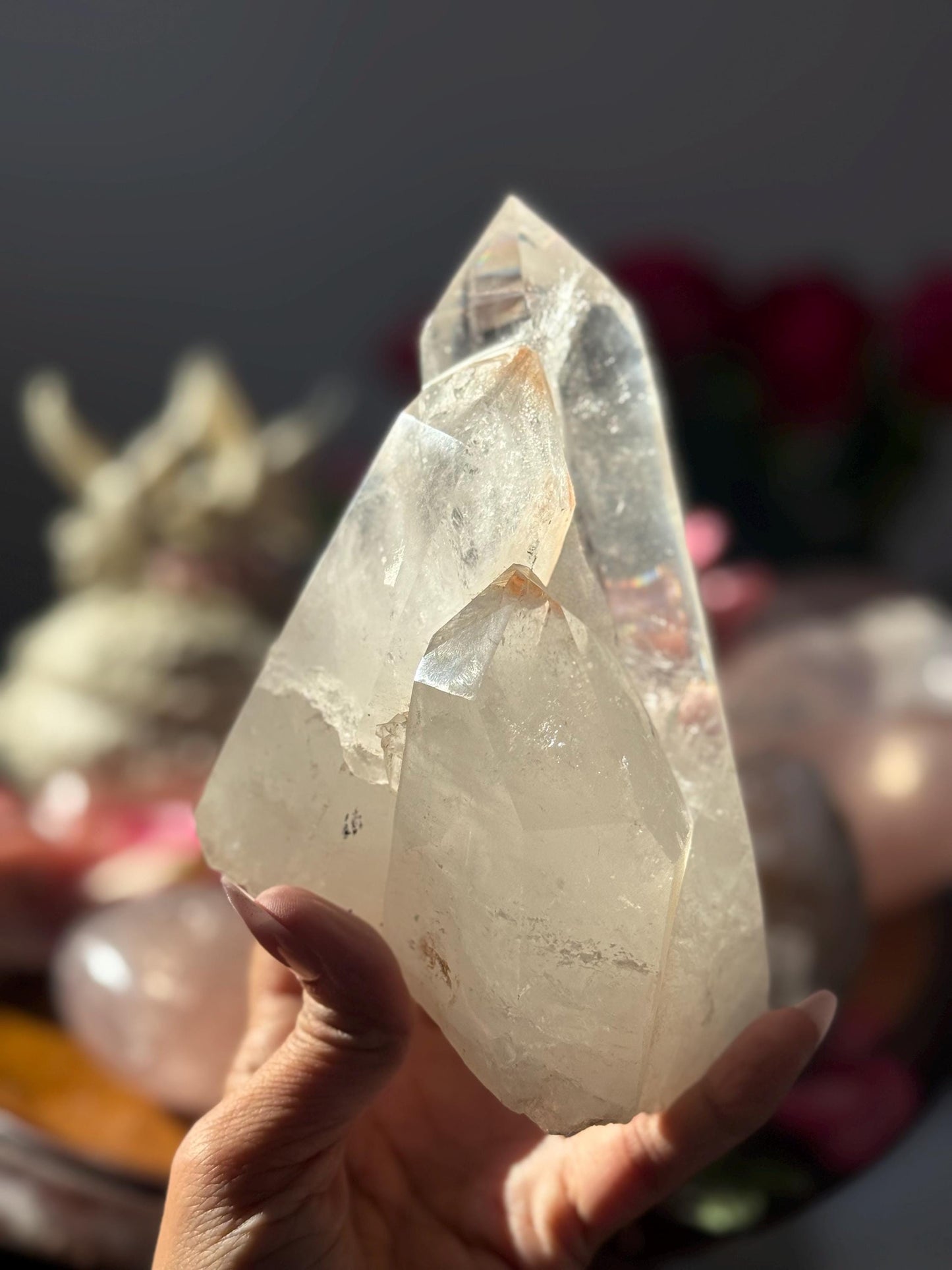 Three Point Quartz Crystal on Wooden Stand, Natural Twin Quartz, Home Decoration