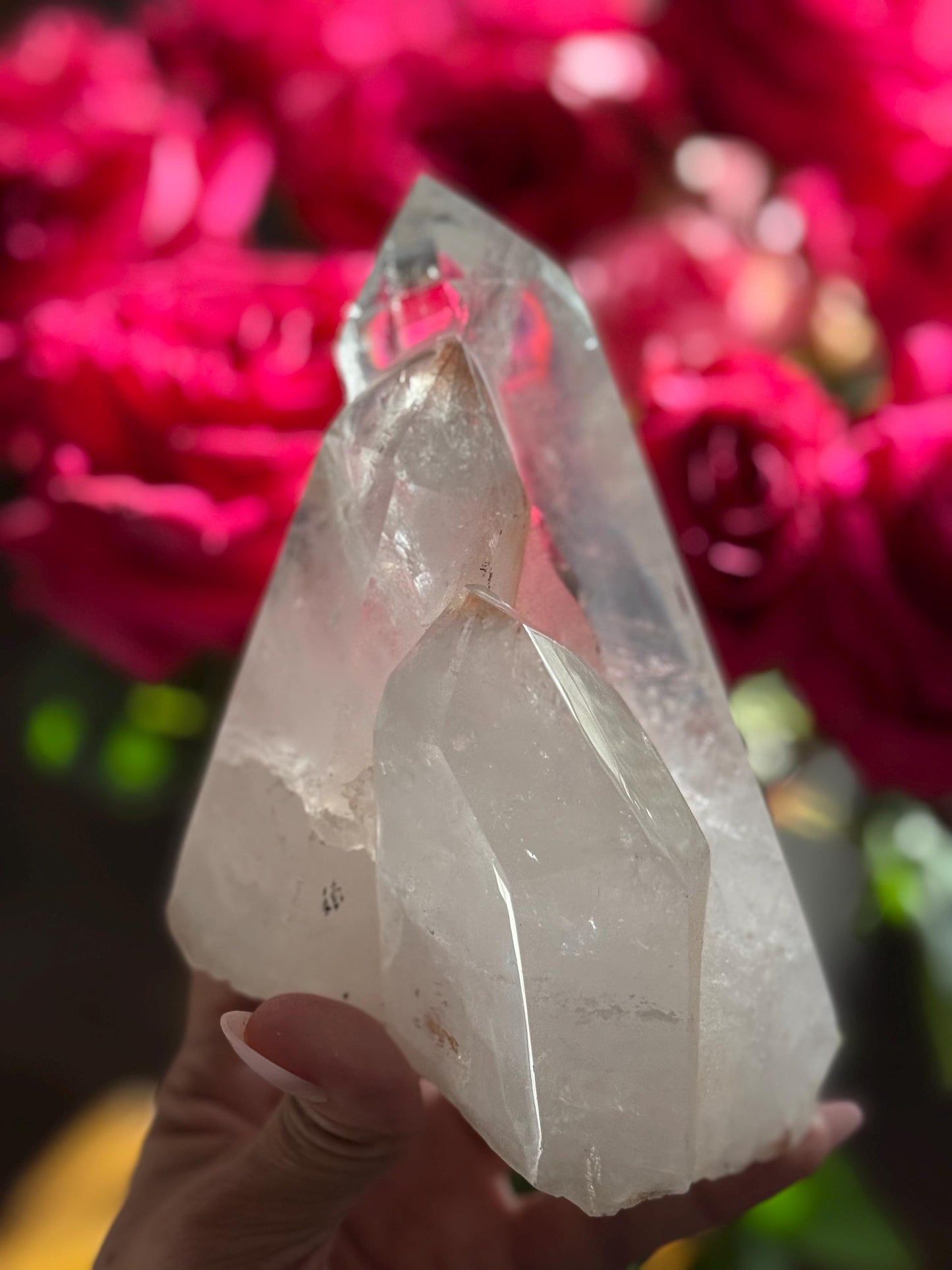 Three Point Quartz Crystal on Wooden Stand, Natural Twin Quartz, Home Decoration