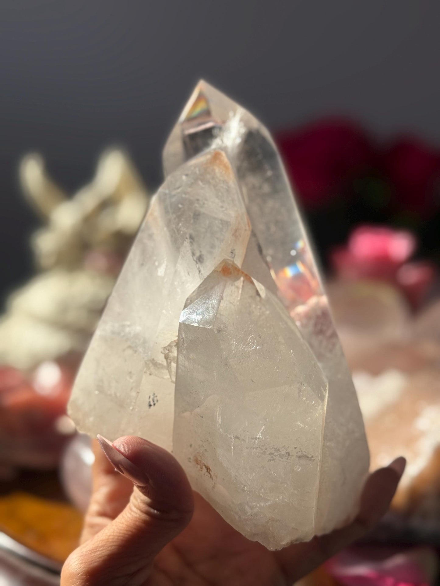 Three Point Quartz Crystal on Wooden Stand, Natural Twin Quartz, Home Decoration