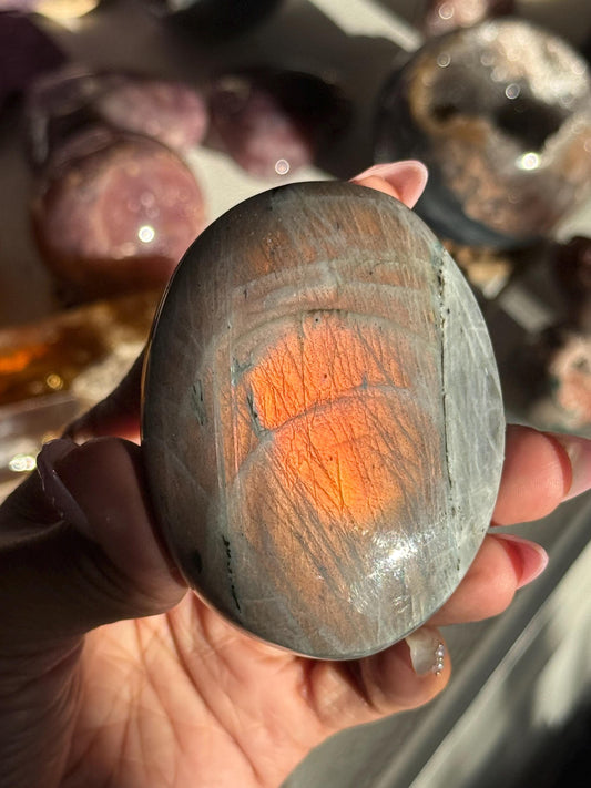Sunset Labradorite Palmstone, Sunset Flash Lab, Orange Labradorite, Protection Crystals, Large