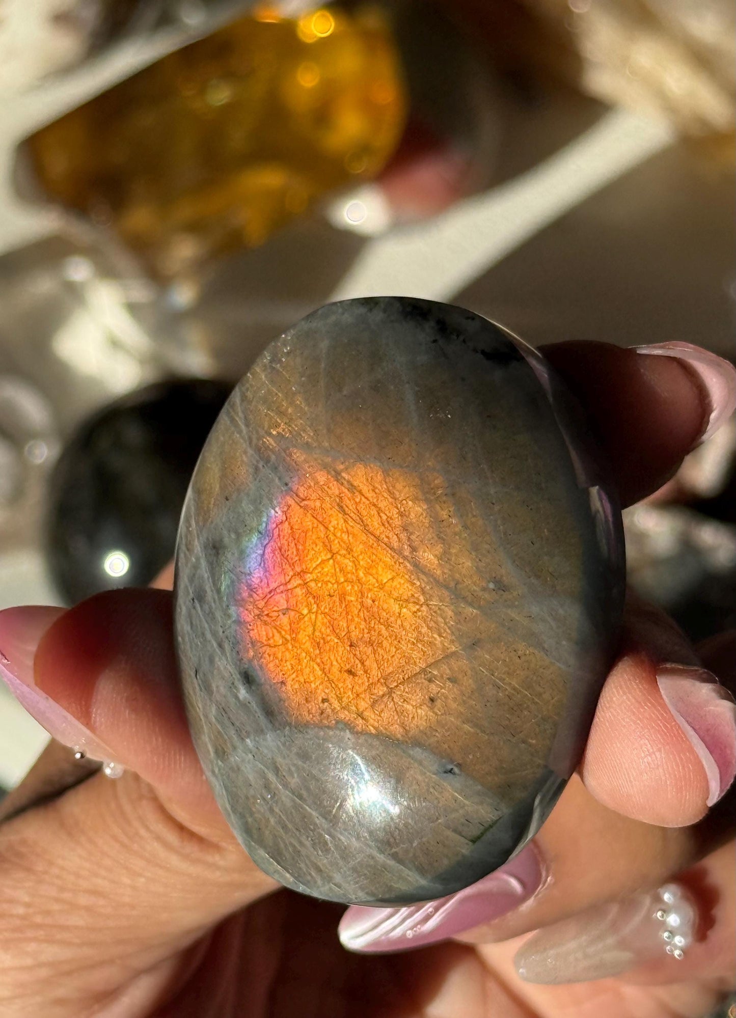 Sunset Labradorite Palmstone, Sunset Flash Lab, Orange Labradorite, Protection Crystals, small