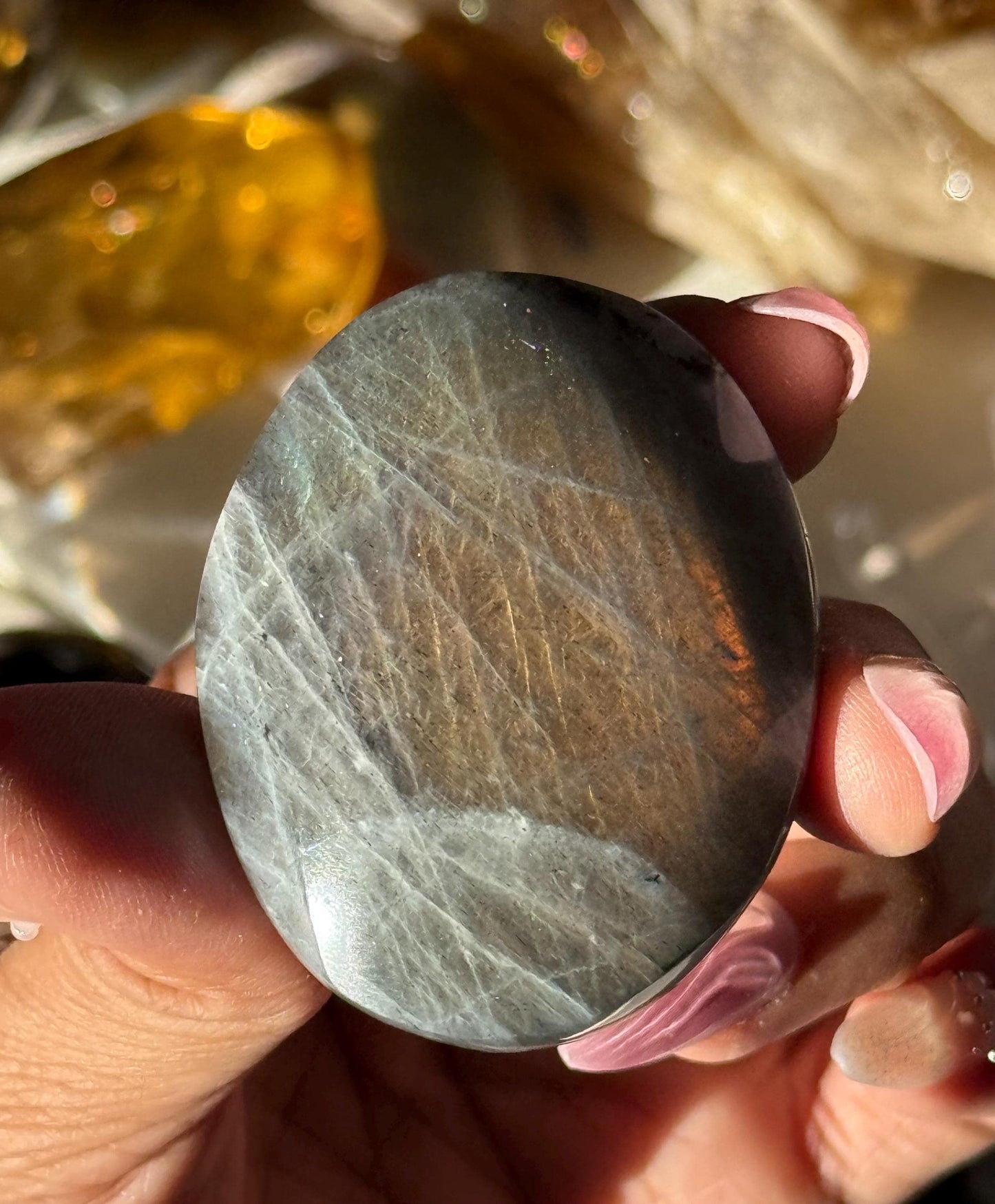 Sunset Labradorite Palmstone, Sunset Flash Lab, Orange Labradorite, Protection Crystals, small