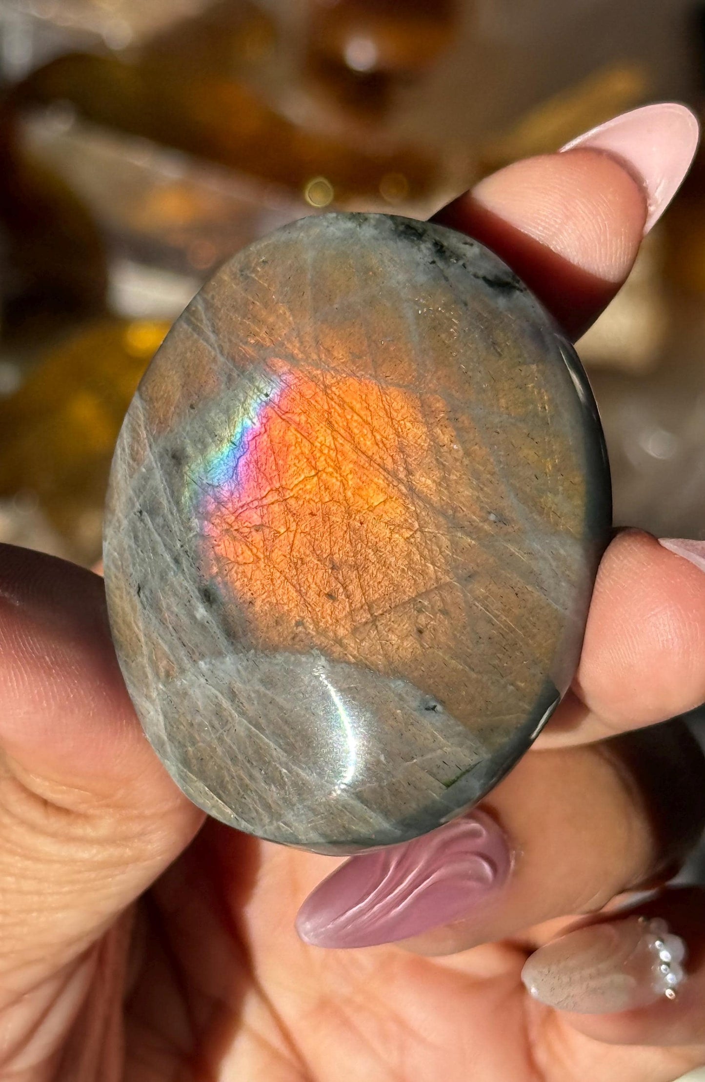 Sunset Labradorite Palmstone, Sunset Flash Lab, Orange Labradorite, Protection Crystals, small