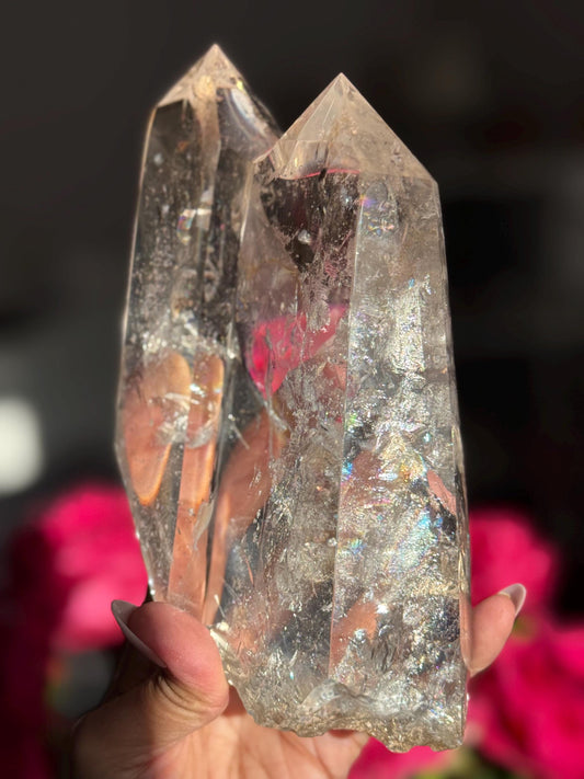 Gorgeous Twin Quartz Crystal, A-Grade Clear Quartz with Rainbows on Custom Wooden Stand,  Statement Crystal Specimen, LARGE