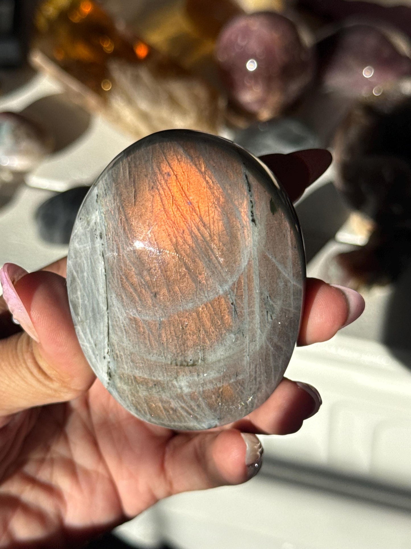 Sunset Labradorite Palmstone, Sunset Flash Lab, Orange Labradorite, Protection Crystals, Large