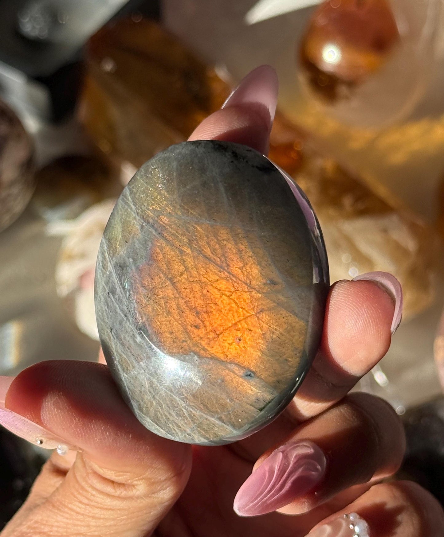 Sunset Labradorite Palmstone, Sunset Flash Lab, Orange Labradorite, Protection Crystals, small
