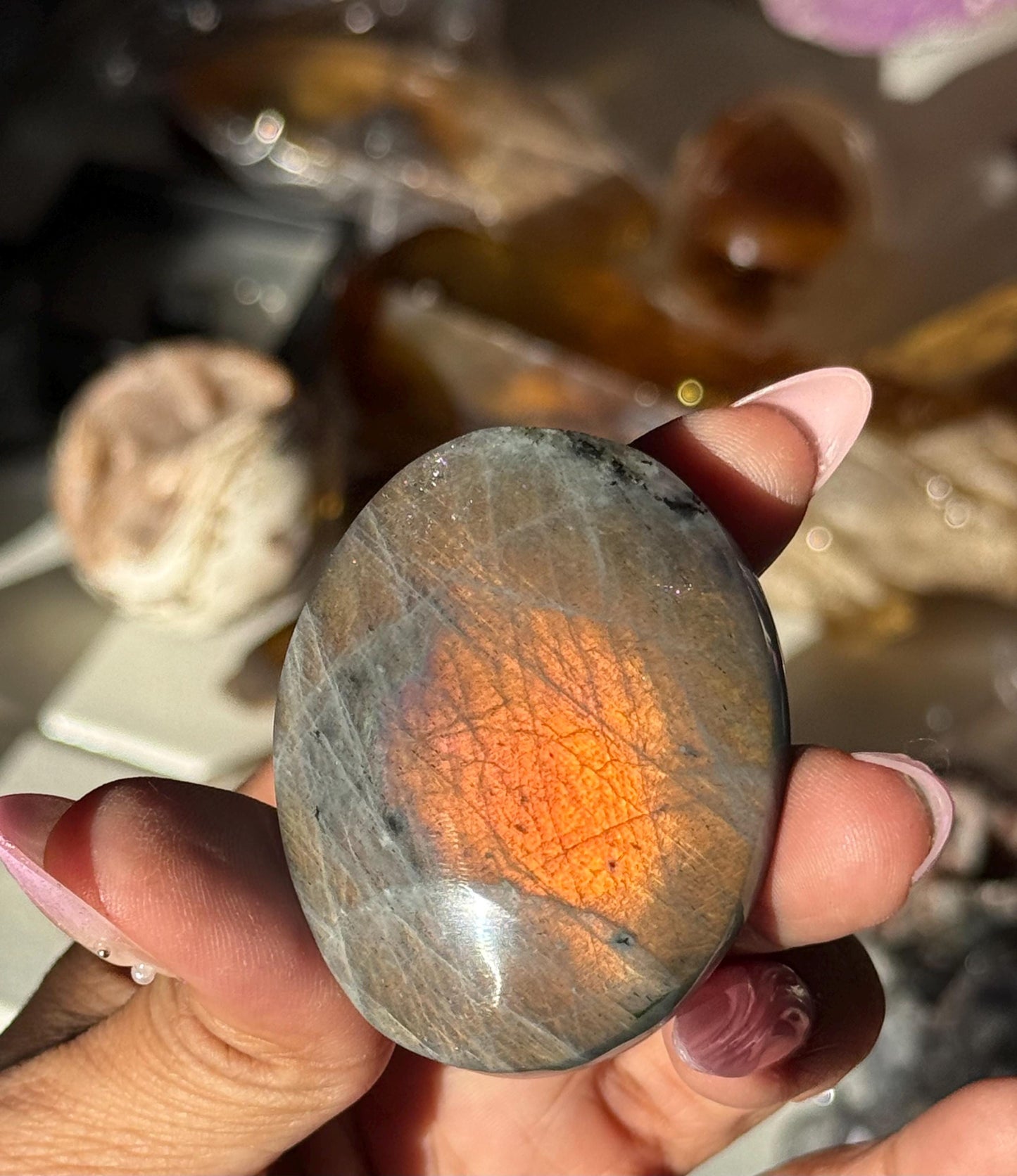 Sunset Labradorite Palmstone, Sunset Flash Lab, Orange Labradorite, Protection Crystals, small