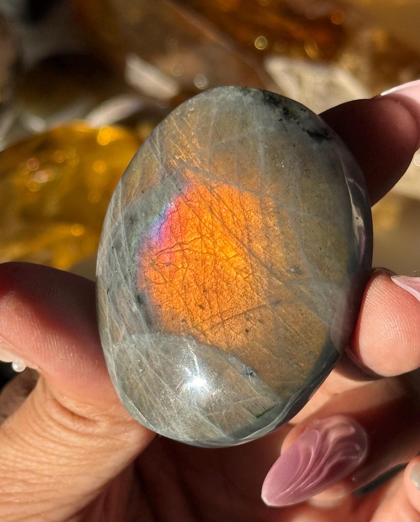 Sunset Labradorite Palmstone, Sunset Flash Lab, Orange Labradorite, Protection Crystals, small