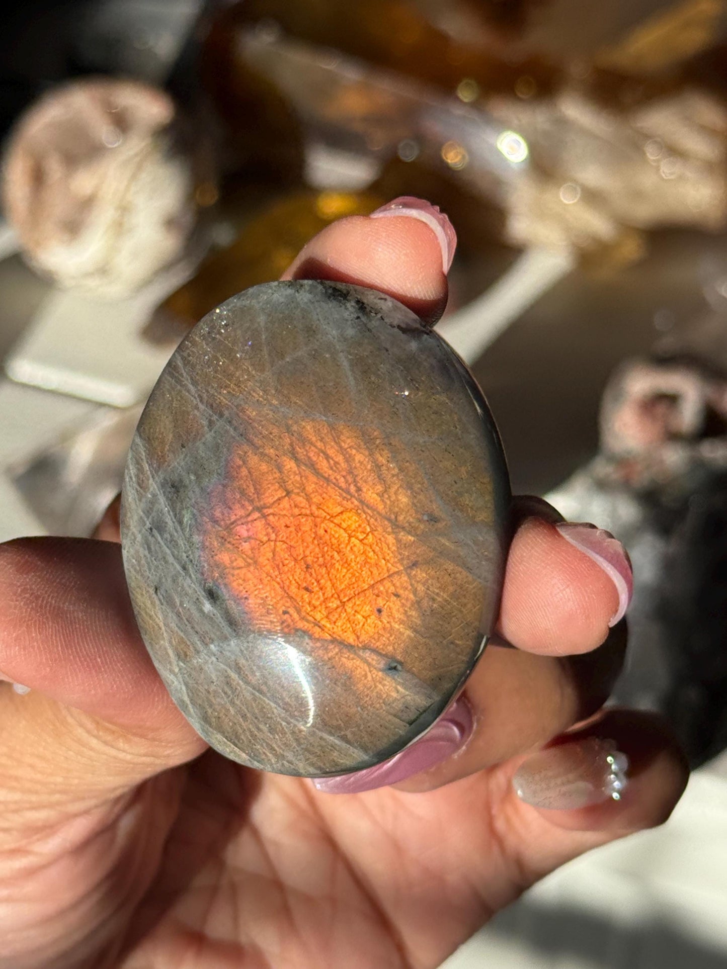 Sunset Labradorite Palmstone, Sunset Flash Lab, Orange Labradorite, Protection Crystals, small