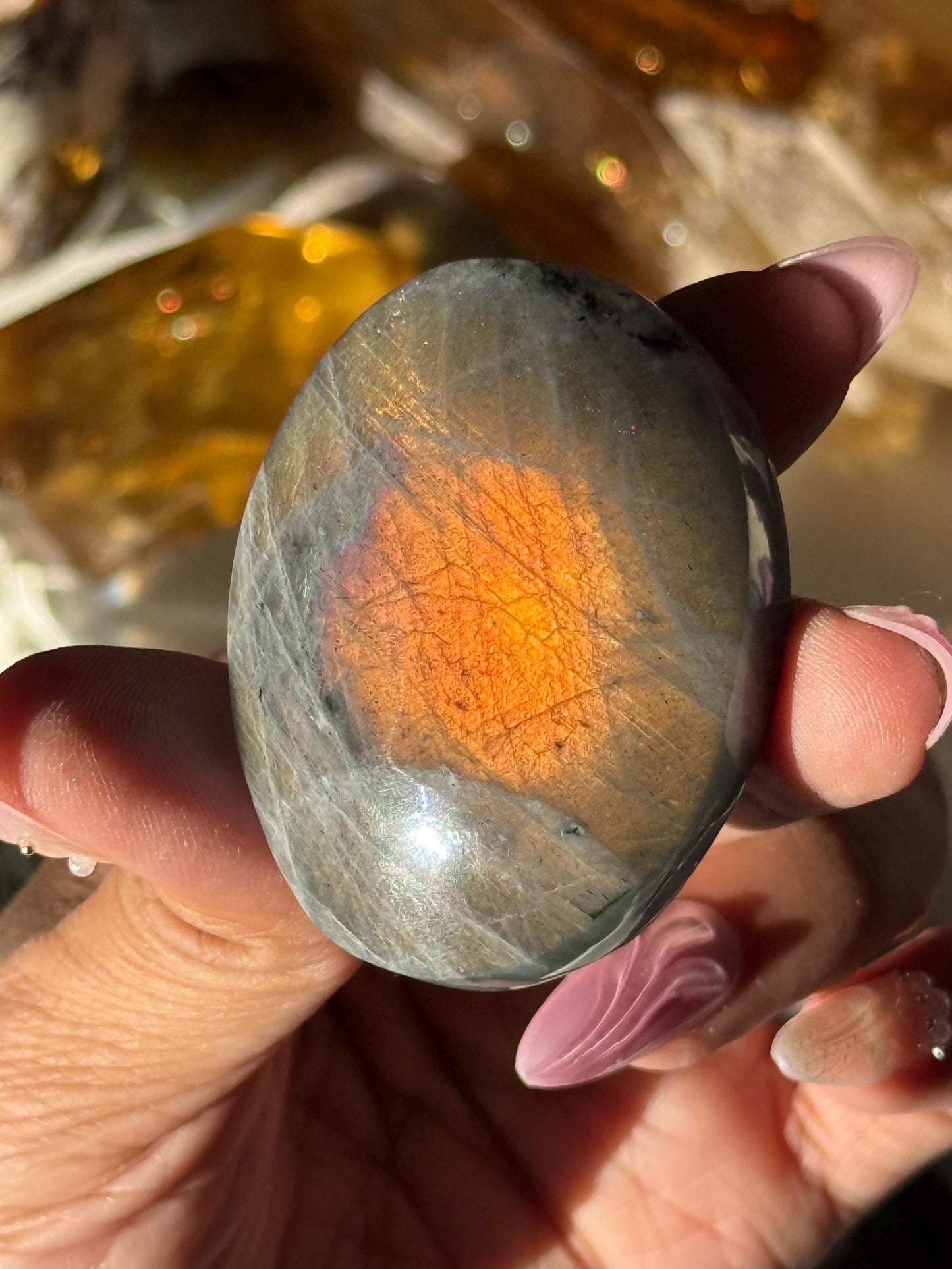 Sunset Labradorite Palmstone, Sunset Flash Lab, Orange Labradorite, Protection Crystals, small