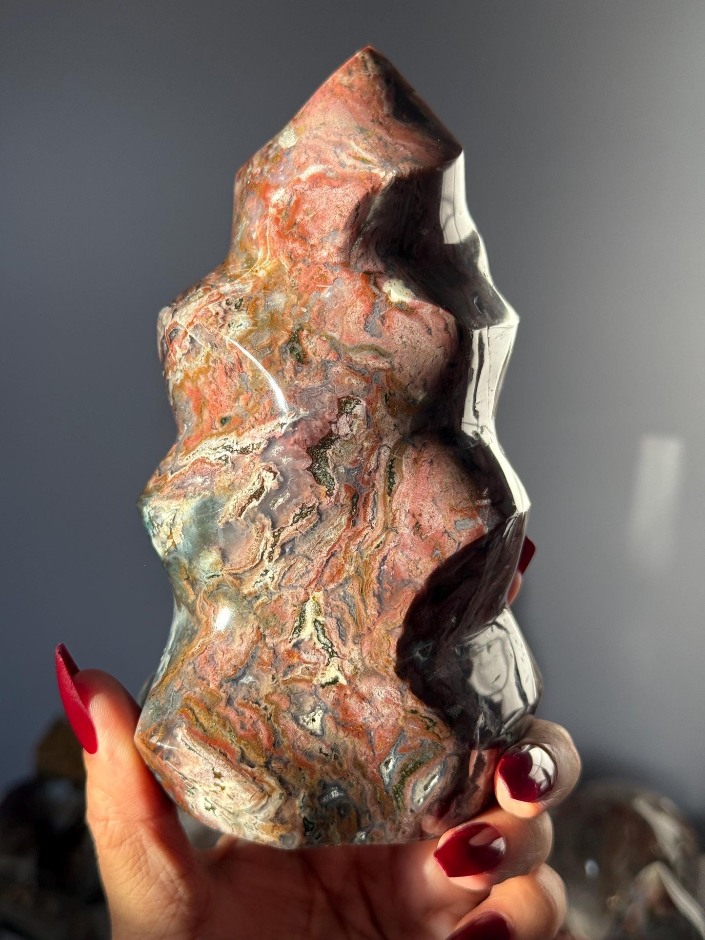 Pink Ocean Jasper Flame, Red Ocean Jasper, Ocean Jasper, Crystal Decor, Unique Gift