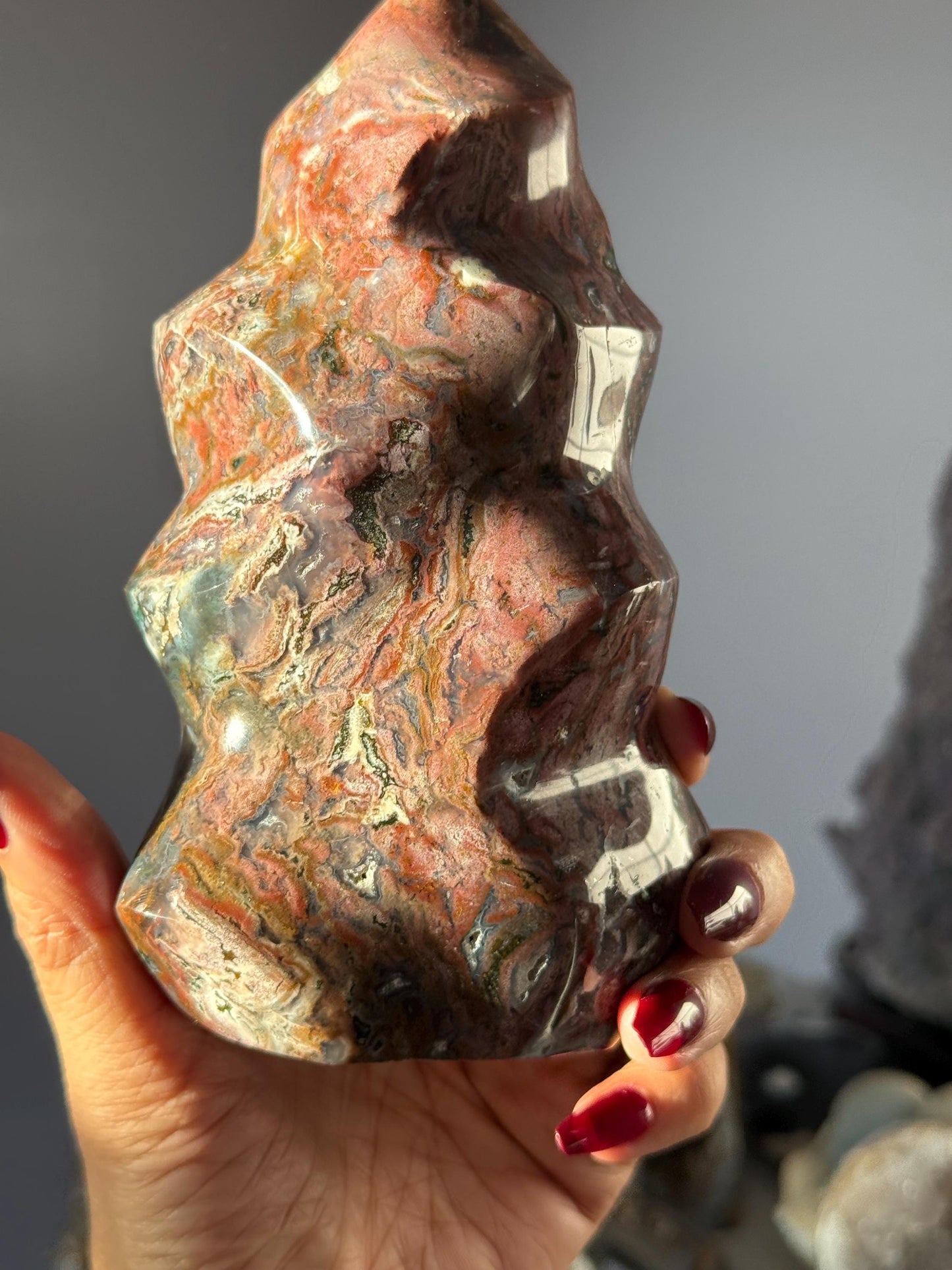 Pink Ocean Jasper Flame, Red Ocean Jasper, Ocean Jasper, Crystal Decor, Unique Gift