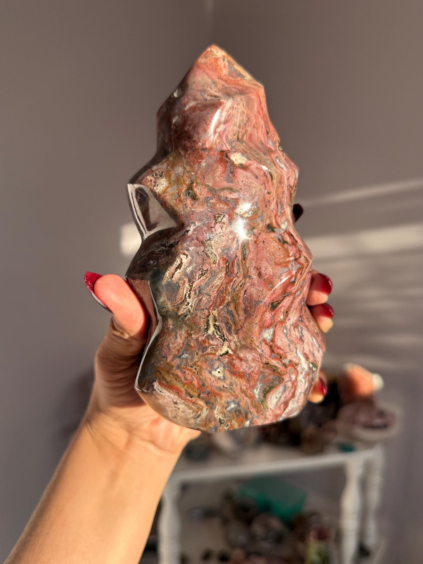 Pink Ocean Jasper Flame, Red Ocean Jasper, Ocean Jasper, Crystal Decor, Unique Gift