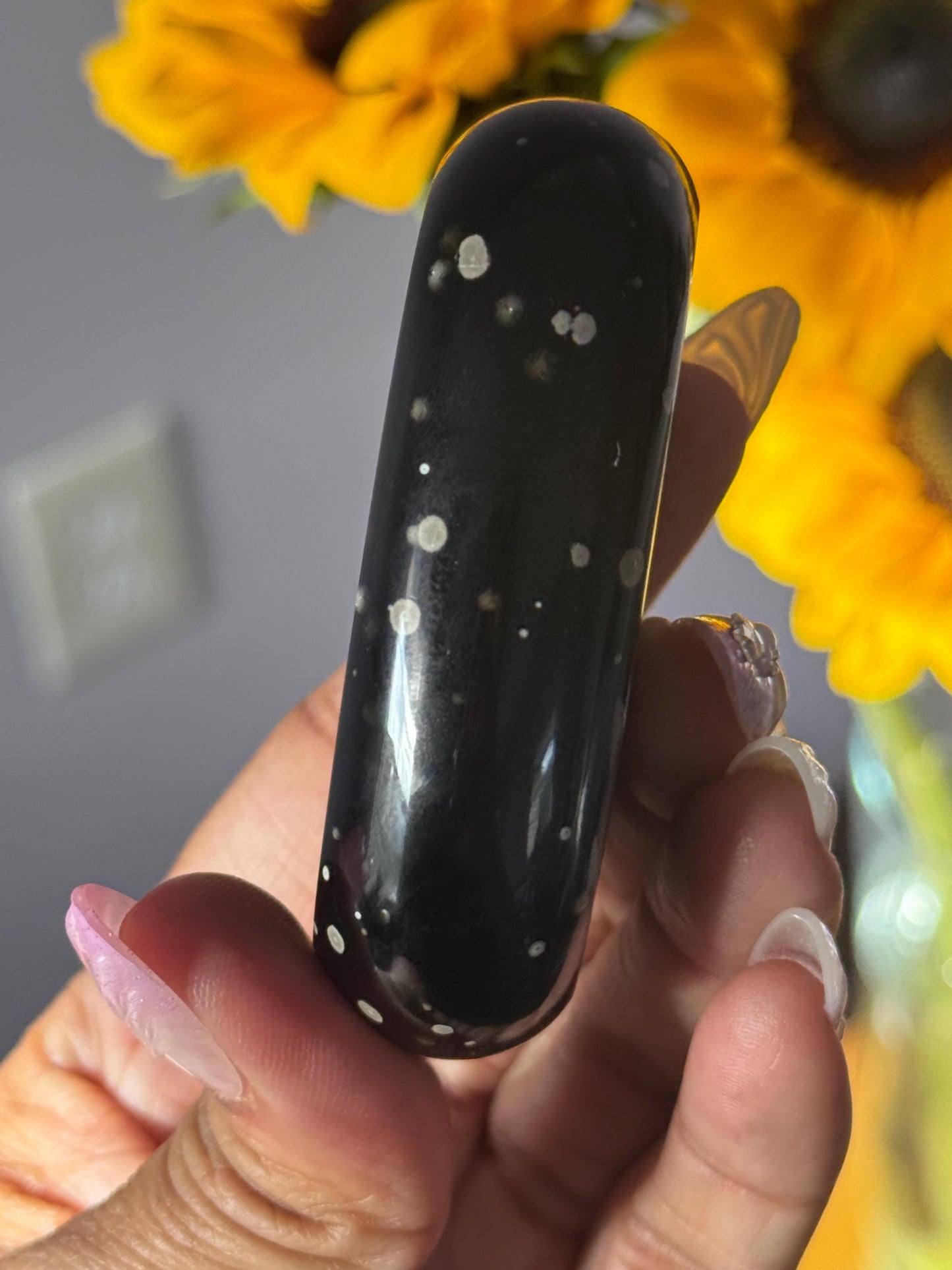 Stardust Obsidian Palm Stone – Rare Jalisco Obsidian, New Mexico Find, Matte Star-Dusted Pattern, Unique Mexican Obsidian