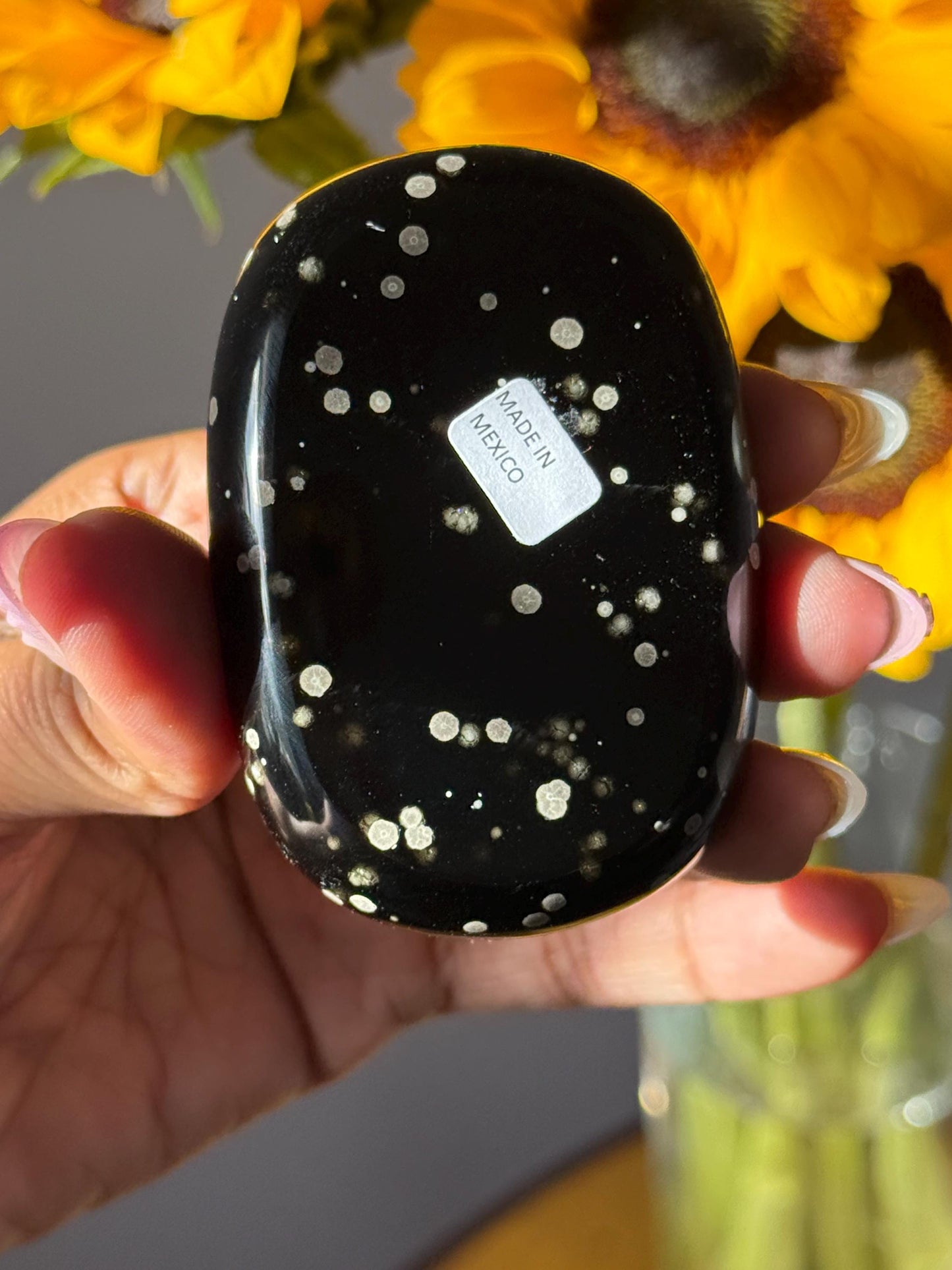Stardust Obsidian Palm Stone – Rare Jalisco Obsidian, New Mexico Find, Matte Star-Dusted Pattern, Unique Mexican Obsidian