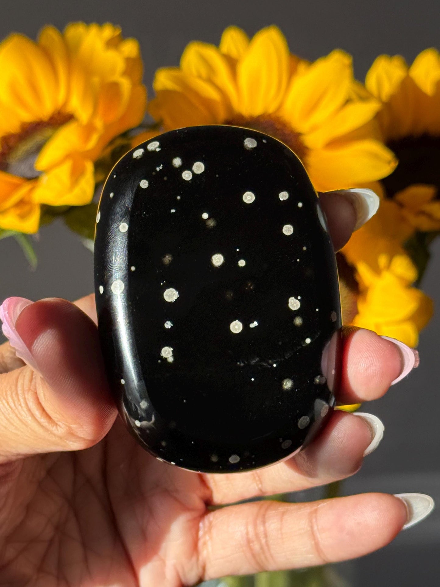 Stardust Obsidian Palm Stone – Rare Jalisco Obsidian, New Mexico Find, Matte Star-Dusted Pattern, Unique Mexican Obsidian