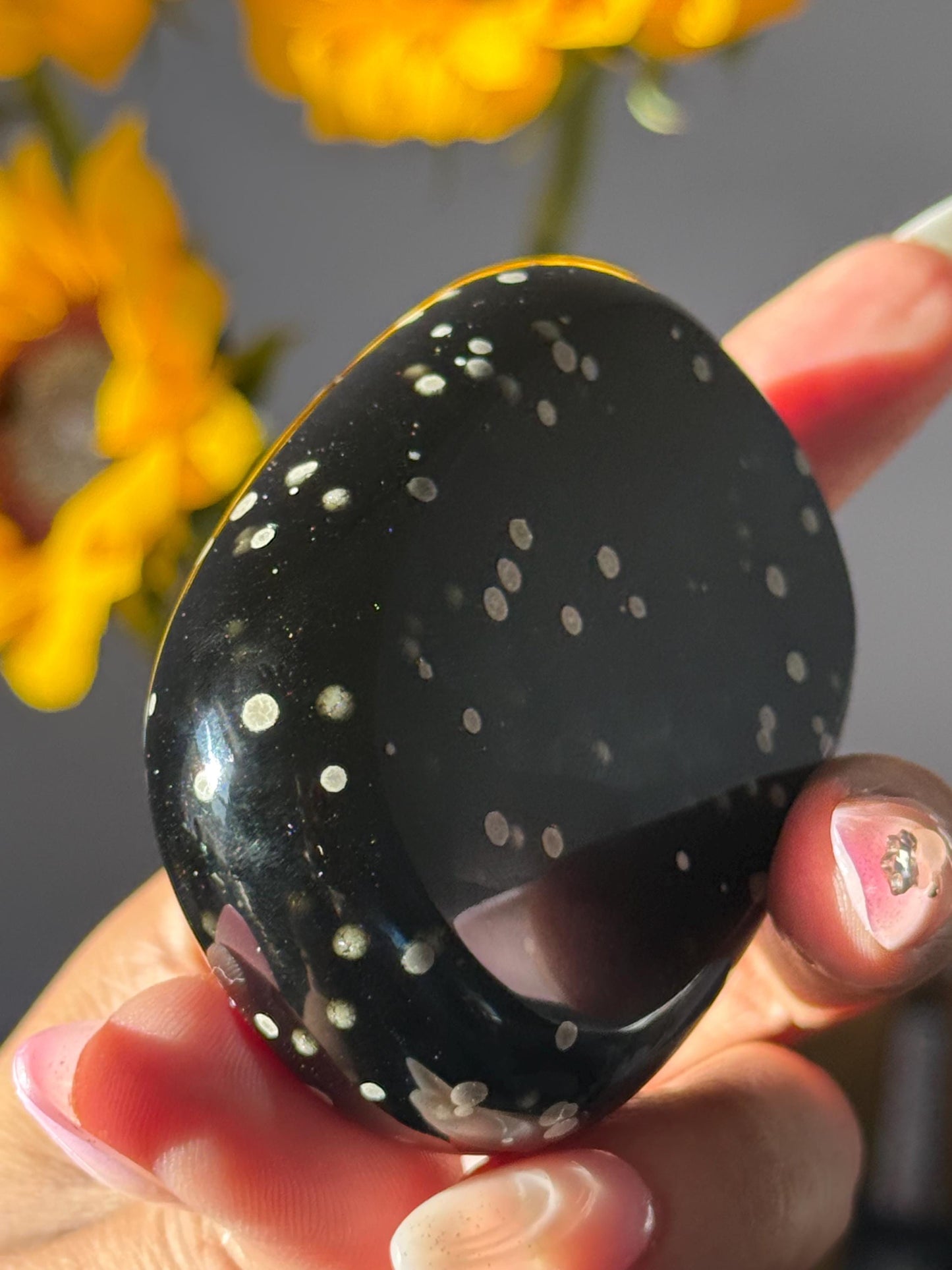 Stardust Obsidian Palm Stone – Rare Mexico Obsidian, Star-Dusted Pattern, Unique Mexican Obsidian