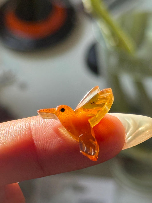 Hummingbird Crystal Carving, Golden Fossil Resin, Gemstone carving From Chipas Mexico, Discounted