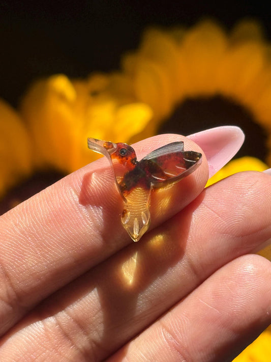 Hummingbird Crystal Carving, Golden Fossil Resin, Gemstone carving From Chipas Mexico,