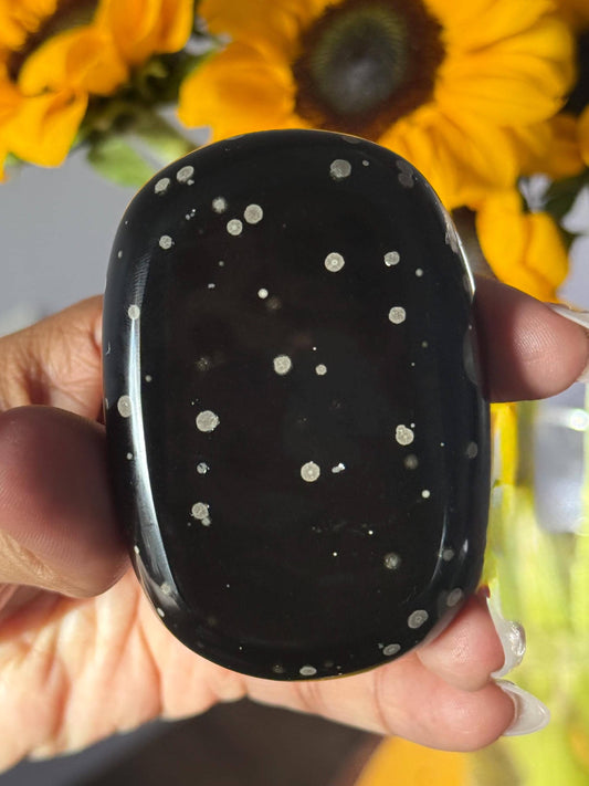 Stardust Obsidian Palm Stone – Rare Jalisco Obsidian, New Mexico Find, Matte Star-Dusted Pattern, Unique Mexican Obsidian