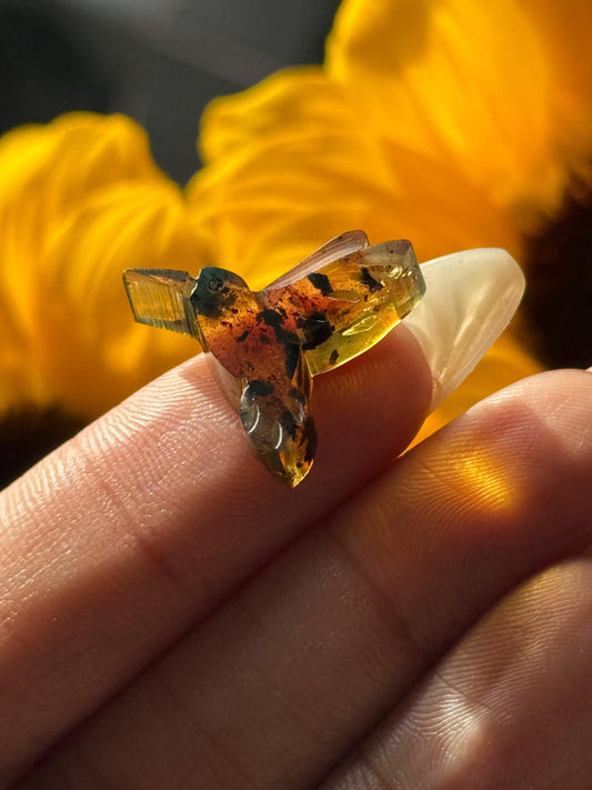 Hummingbird Crystal Carving, Golden Fossil Resin, Gemstone carving From Chipas Mexico,