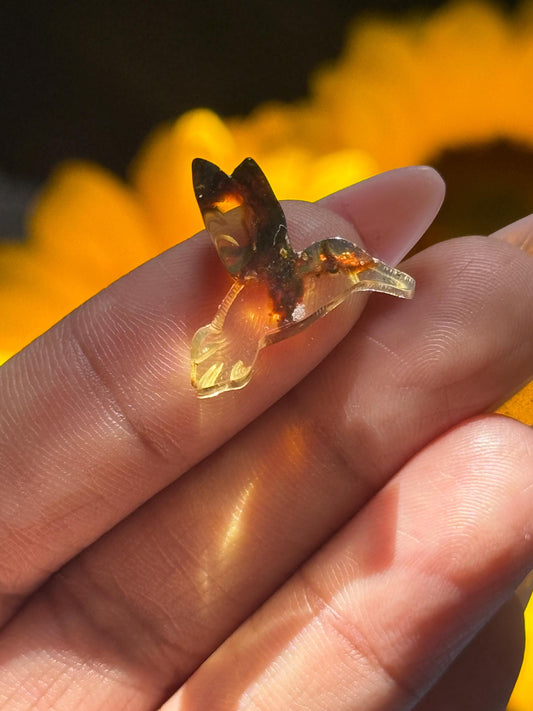 Hummingbird Crystal Carving, Golden Fossil Resin, Gemstone carving From Chipas Mexico,