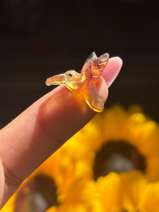 Hummingbird Crystal Carving, Golden Fossil Resin, Gemstone carving From Chipas Mexico,