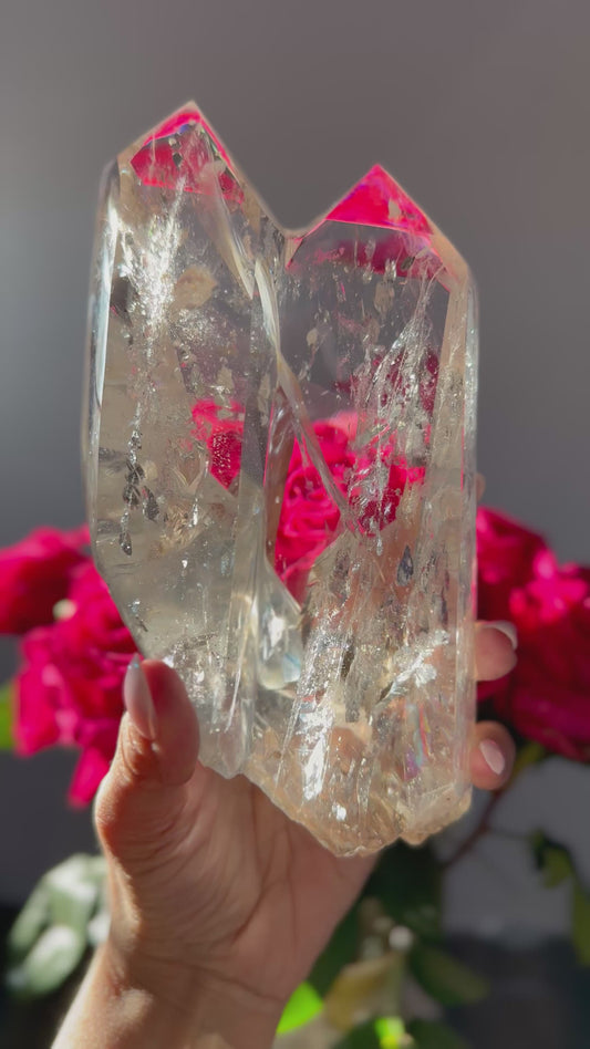 Twin Quartz Crystal, Tantric Twin Flame Quartz , A-Grade Clear Quartz with Rainbows on Custom Wooden Stand,  Statement Crystal Specimen